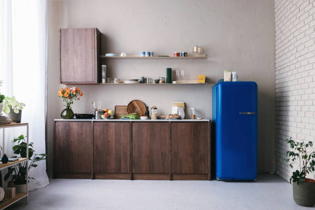 Wide Angle Shot of a Bright Retro Kitchen