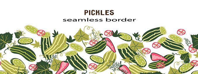 Cucumbers and pickles seamless border for textile prints and food packs or wrapping, jar labels, vector illustration isolated on white background. Cucumbers and spicy herbs, pepper seamless frame.