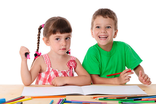 istock Two little kids draw with crayons 150009307