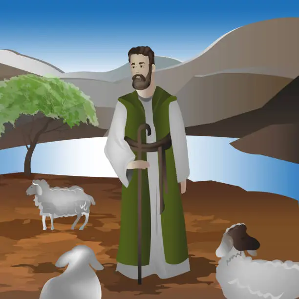 Vector illustration of Shepherd and sheep.