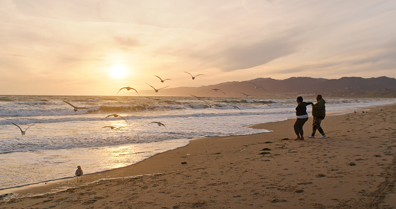 A flock of seagulls take flight in front of two African American women standing on a beach at sunset in Santa Monica, California.