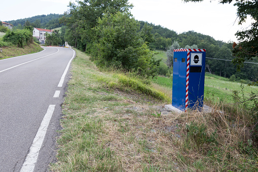 Road sign at the highway - indicates the distance to the next petrol station (500 meters), german highway sign - large copy space