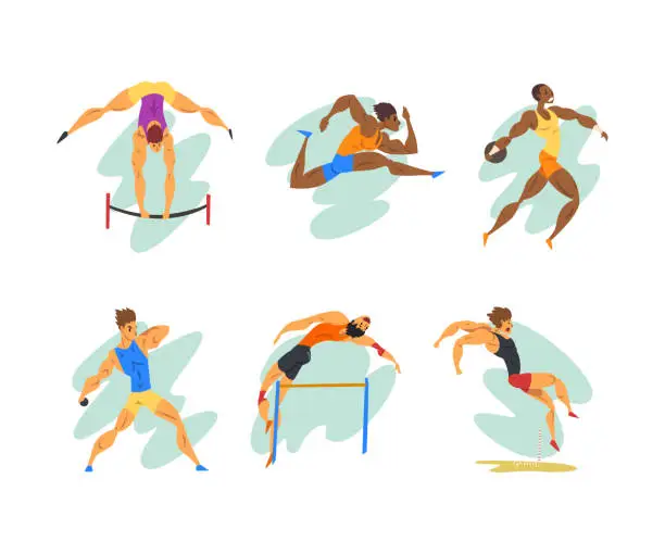 Vector illustration of Professional Man Athlete Running, Jumping, on Barbell and Discus Throwing Vector Set