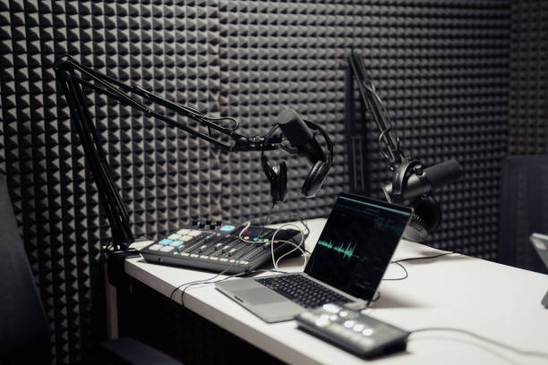 istock Equipment for podcast recording in studio 1500096610