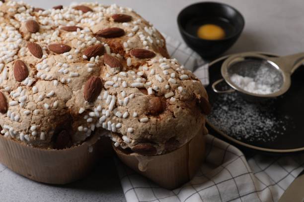 istock Delicious Italian Easter dove cake (Colomba di Pasqua) on grey table, closeup 1500098011