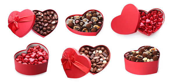 Many heart shaped boxes with tasty chocolate candies on white background, collage design