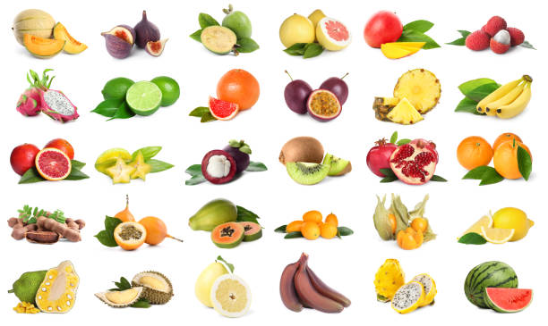 istock Collage with many fresh exotic fruits on white background 1500098023