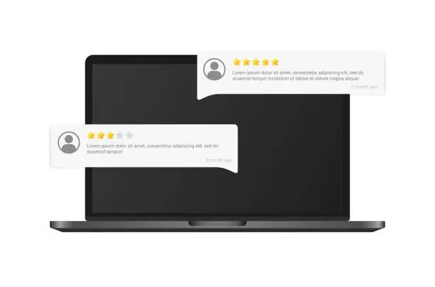 Vector illustration of Reviews. Flat, color, check reviews, watch reviews on macbook. Vector illustration.