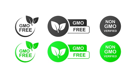Free GMO. Different styles, colorful, non-gmo products, non-gmo. Vector icons.