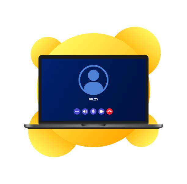 ilustrações de stock, clip art, desenhos animados e ícones de online call. flat, color, internet call, call from macbook. vector illustration. - macbook