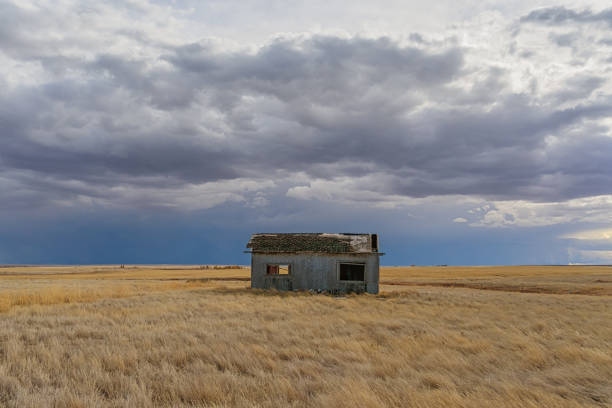 Small abandoned farm house under a stormy sky, Saskatchewan, Alberta