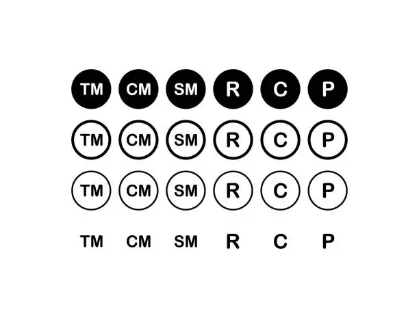 Vector illustration of Trade marks. Different styles, black, trademarks collection, trademarks set. Vector icons.