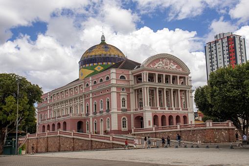 Manaus, Amazonas, Brazil - February 26, 2023 - The Amazonas Theater with more than 125 years has a beautiful architecture, is the most significant architectural work of the Rubber Cycle, and tells the history of the city and brings shows with regional, national and international artistic attractions.
