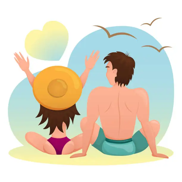 Vector illustration of Couple in love sitting on the beach. The boy and girl are watching the sunrise and the flying seagulls. Flat vector illustration.