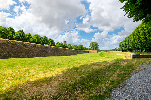 Wide angle view of the historic walls of the fortified town of Lucca, Italy, in the Tuscany region of Italy.