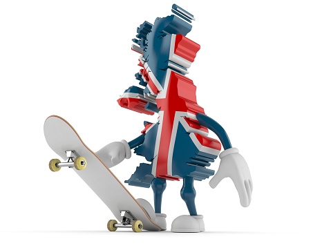 UK character with skateboard isolated on white background. 3d illustration