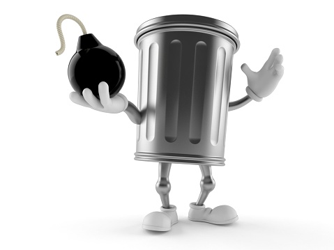 Trash can character holding bomb isolated on white background. 3d illustration