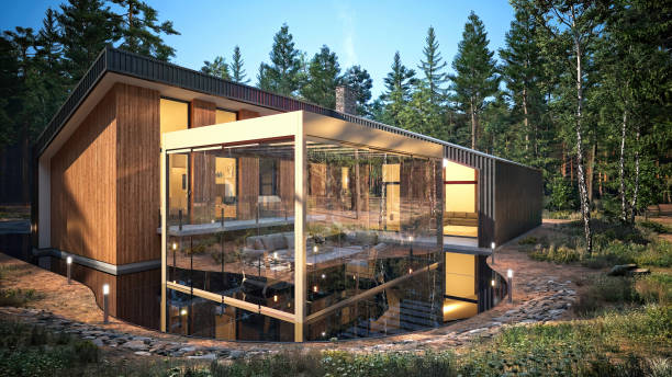 istock Forest Villa House and Modern Pergola Sunroom System, Outdoor Life. 3d rendering 1500105565