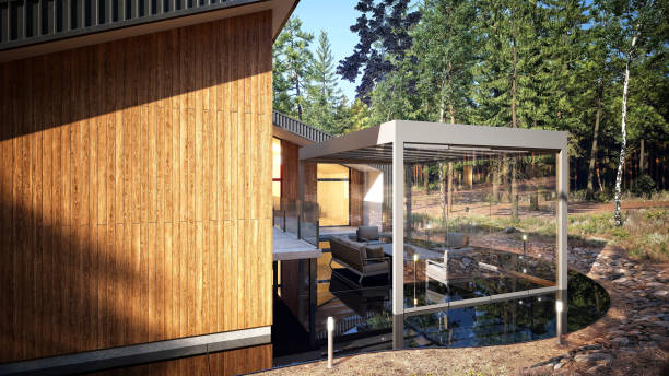 istock Forest Villa House and Modern Pergola Sunroom System, Outdoor Life. 3d rendering 1500105589