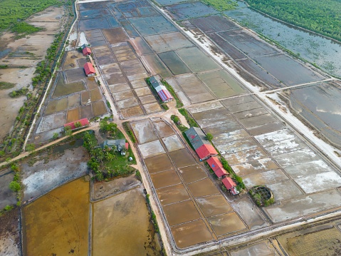 An aerial shot of the Salt Fields in the daylight in Kampot, Cambodia