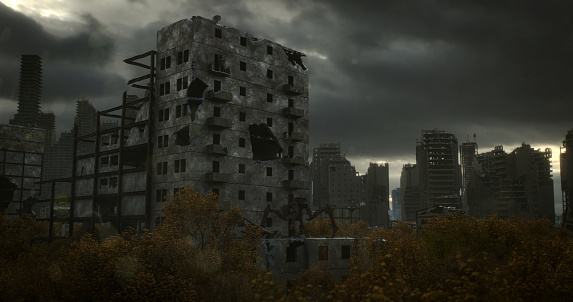 Digitally generated dark post-apocalyptic scene depicting a desolate urban landscape with tall buildings in ruins and mostly cloudy sky.The scene was created in Autodesk® 3ds Max 2024 with V-Ray 6 and rendered with photorealistic shaders and lighting in Chaos® Vantage with some post-production added.