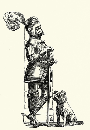 Vintage illustration Medieval kinght in armour and his faithful dog, Fantasy