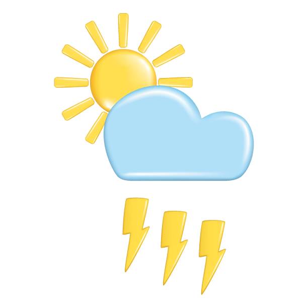 istock Realistic 3d design of weather forecast elements, icon symbol, meteorology. Decorative 3d golden Sun, lightning and blue cloud. Cartoon vector illustration isolated on a white background 1500110481