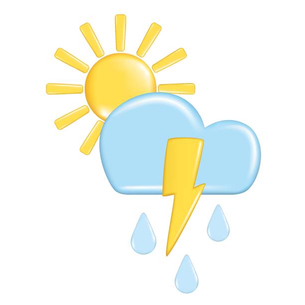 istock Realistic 3d design of weather forecast elements, icon symbol, meteorology. Decorative 3d golden Sun, lightning and blue cloud, rain. Cartoon vector illustration isolated on a white background 1500110488