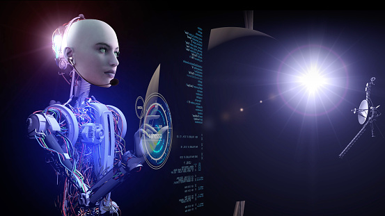 An artificial intelligence robot is working, which develops software with the help of a virtual computer.