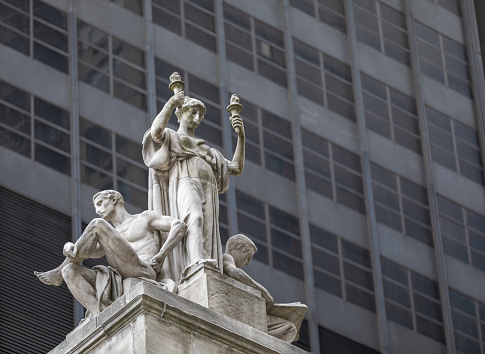 Manhattan, NYC - October 06, 2019:Statue Outside of the New York State Supreme Court in Manhattan