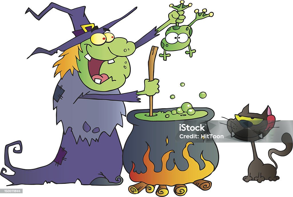 Witch With Black Cat Holding A Frog And Preparing Potion Cartoon Crazy Witch With Black Cat Holding A Frog And Preparing A Potion Vector stock vector