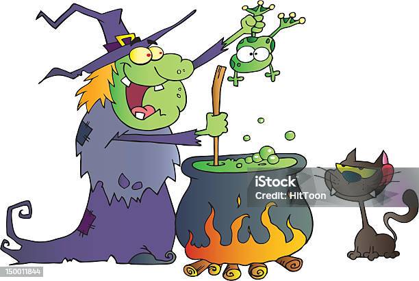 Witch With Black Cat Holding A Frog And Preparing Potion Stock Illustration - Download Image Now