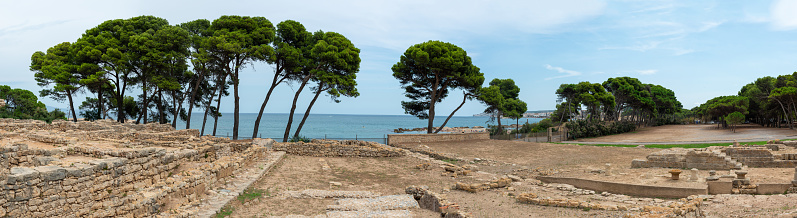 Panoramic view of the Muscleres beaches from the ruins of Empuries. L'Escala, Spain.