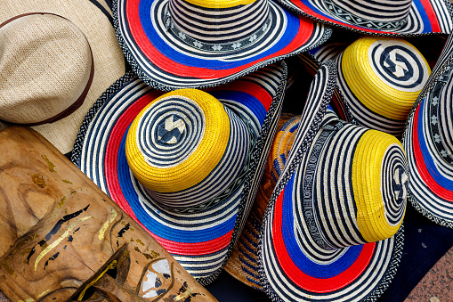 Reunion Island baskets with the typical colors and designs. In Saint Paul Market