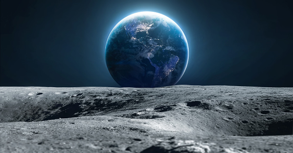 Moon and Earth. Moon with craters in deep black space. Moonwalk. Earth at night. Elements of this image furnished by NASA (url: https://eoimages.gsfc.nasa.gov/images/imagerecords/79000/79765/dnb_land_ocean_ice.2012.3600x1800.jpg https://www.hq.nasa.gov/alsj/a16/a16pan1240222dmh.jpg)