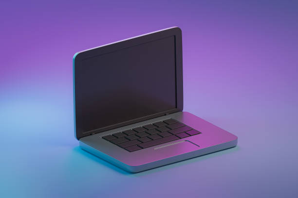 istock Laptop with black screen on neon light background. Modern stylized 3d laptop. Cozy realistic style device isolated on colorful gradient background. 3d render 1500129440