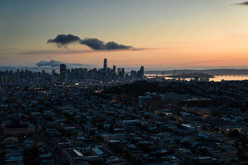 Drone shot looking across San Francisco, California just before dawn.