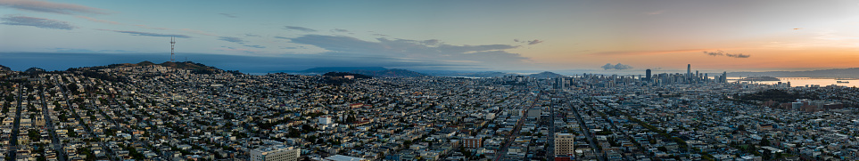 Panoramic view of the city of San Francisco at dawn, revealing the entire cityscape including the downtown district.