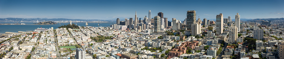 Aerial view of San Francisco, California, looking at the Financial District on a summer day.