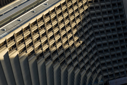 Aerial view of a commercial building in the financial district of San Francisco on a sunny afternoon.