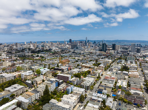 Aerial view of San Francisco, California on a sunny summer day from over the Russian Hill neighborhood. This still image is part of a series; a time lapse video is also available.