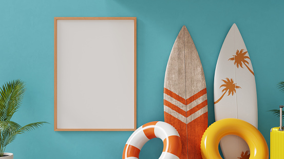 summer holiday travel concept photo frame mock up, 3d rendering
