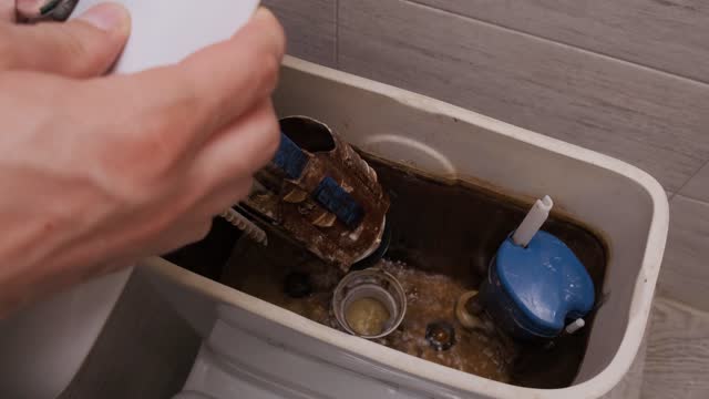 A professional plumber repairman lifts the lid of a broken toilet tank. The water is draining. Pollution and blockages of plumbing
