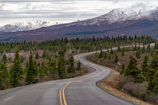 Park road through the beautiful dramatic alpine scenery of Denali National Park Alaska, USA