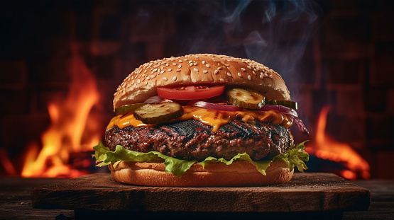 The quintessential classic burger gets a fiery makeover in this stunning photograph. Set against vibrant flames and a black background, this BBQ marvel encapsulates the dynamic process of grilling, creating a compelling narrative of the art of cooking.