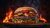 BBQ Classic Burger against Fiery Flames: Vibrant Food, black background