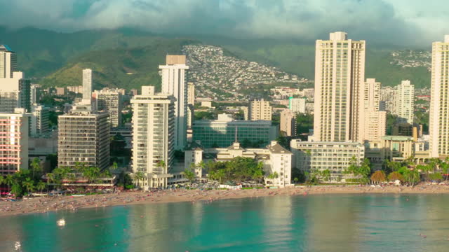 Aerial view of the famous Waikiki beach in Honolulu, Oahu, Hawaii. Unites States. Magnificent tropical beaches and luxury hotels throughout the shoreline. Tourism. Vacation.