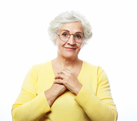 Grey haired old nice beautiful laughing woman. Isolated over white background. Close up.