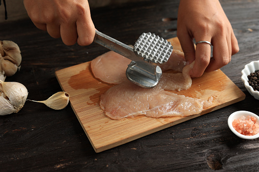 Cooking Breast Chicken Meat, Female Hand Beat Chicken using Meat Tenderizer. Cooking Process in The Kitchen.