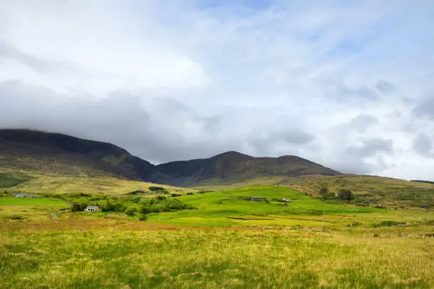 Beautiful landscape of the Killarney National Park on cloudy day. Hiking in County Kerry, Ireland